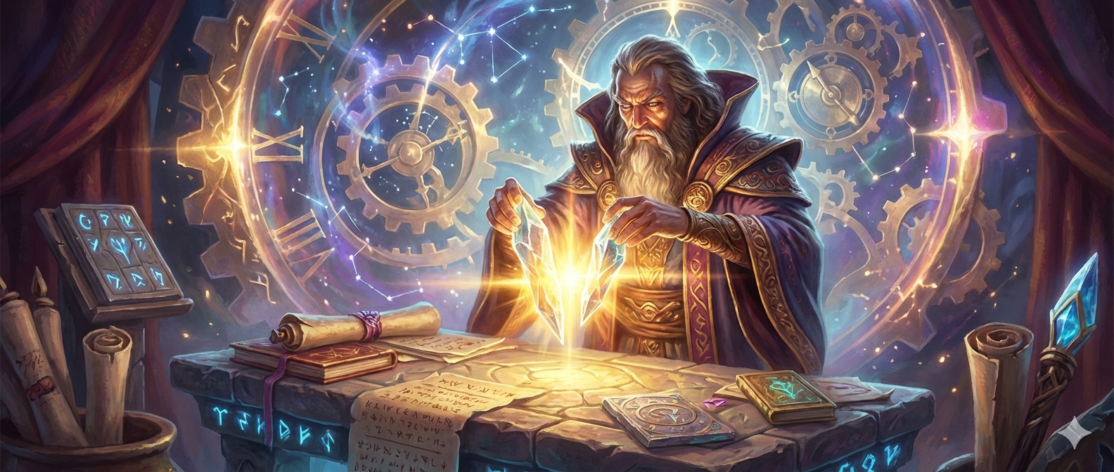 Wizard assembling magical components with glowing gears