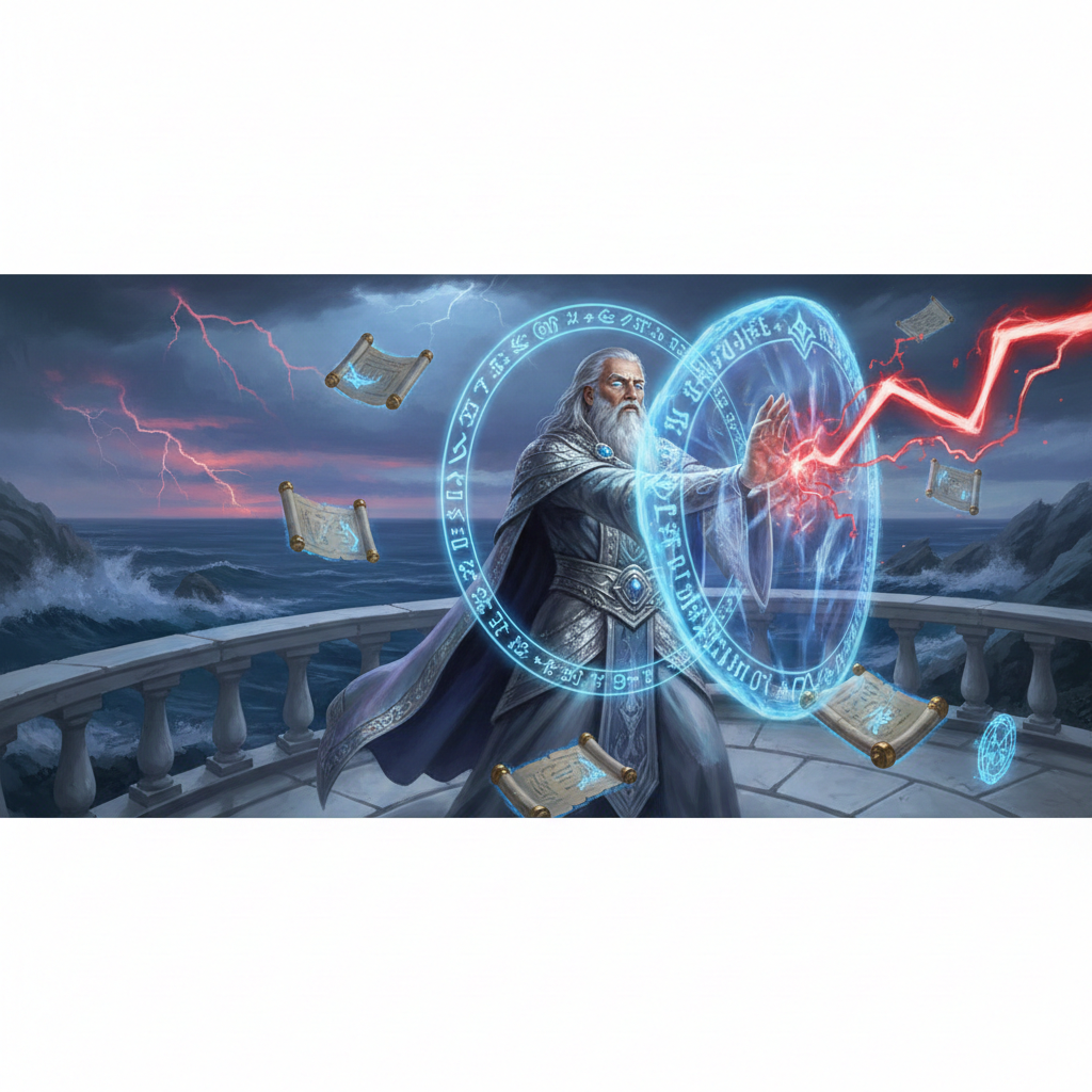 Powerful wizard casting a counterspell with arcane runes