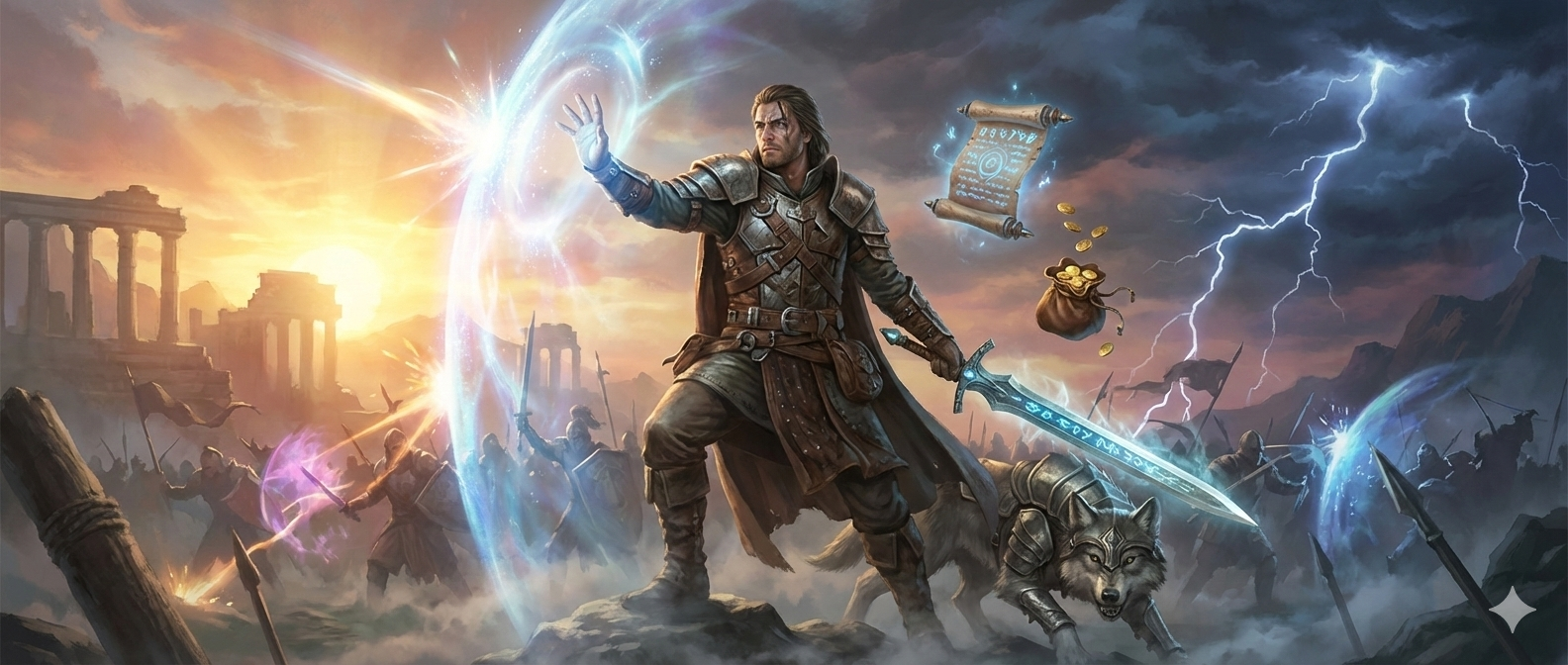 A versatile warrior commanding both magic and steel on the battlefield