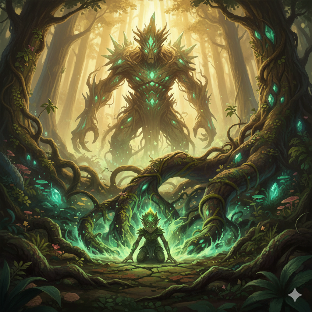 A druid channeling nature's power to summon a massive elemental