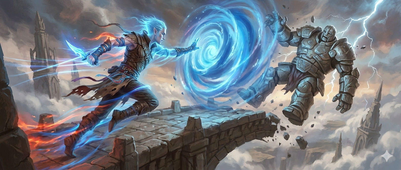 A swift mage disrupting a massive golem with arcane energy