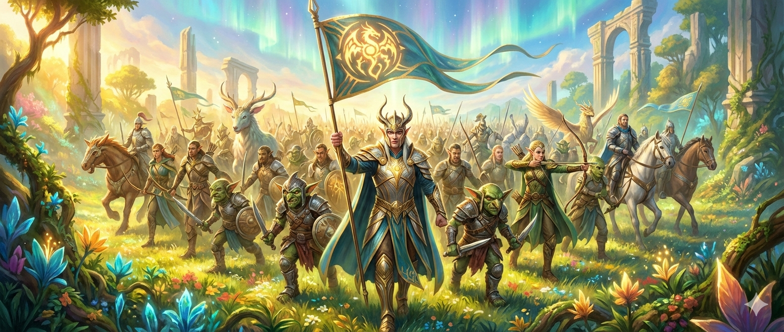 Fantasy army marching together under a banner