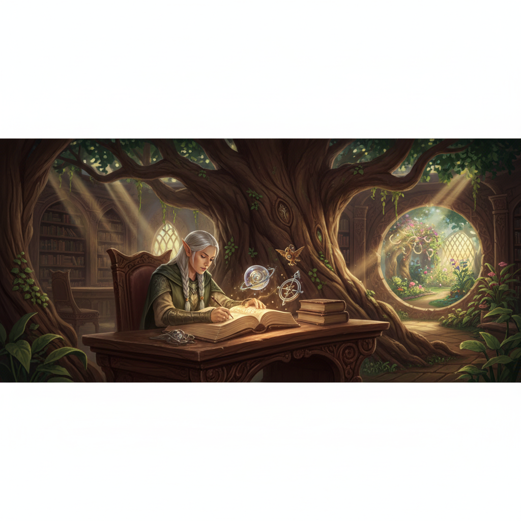 Elf scholar studying magical tomes with glowing artifacts
